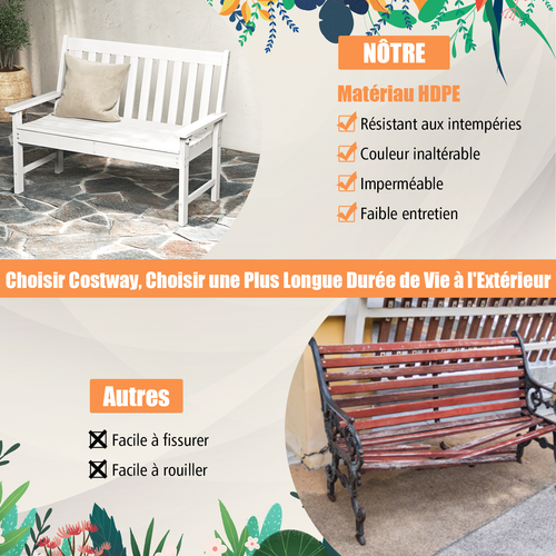 Banc De Jardin Exterieur En Hdpe, Banc Extérieur Jardin 2 Places Avec Dossier Et Accoudoirs (blanc)