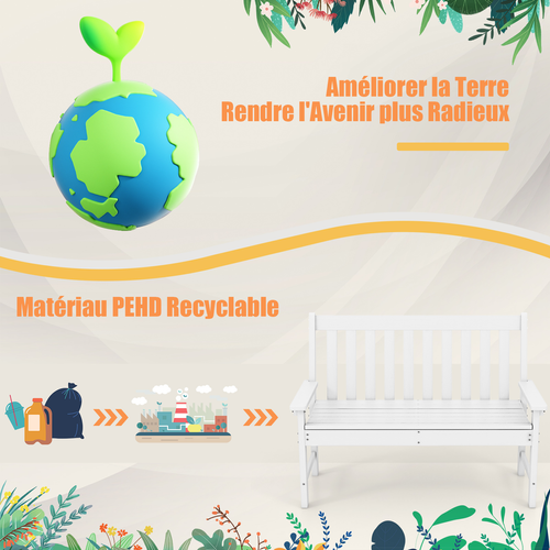 Banc De Jardin Exterieur En Hdpe, Banc Extérieur Jardin 2 Places Avec Dossier Et Accoudoirs (blanc)