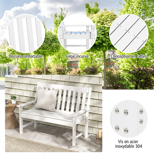 Banc De Jardin Exterieur En Hdpe, Banc Extérieur Jardin 2 Places Avec Dossier Et Accoudoirs (blanc)