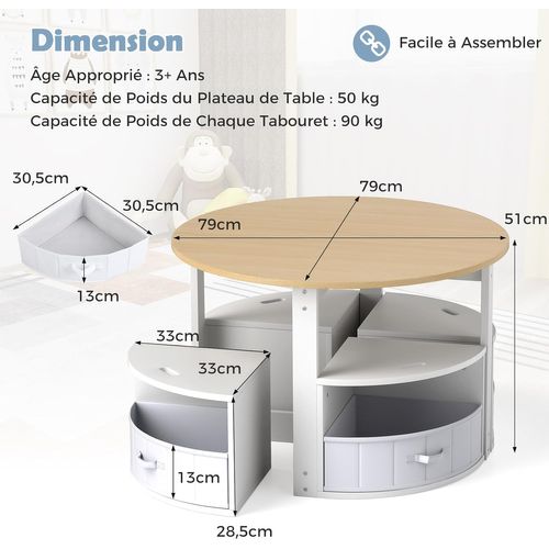 Table Enfant Avec 4 Chaises Empilables, Table De Dessin En Bois Avec 4 Tiroirs En Tissu (naturel)
