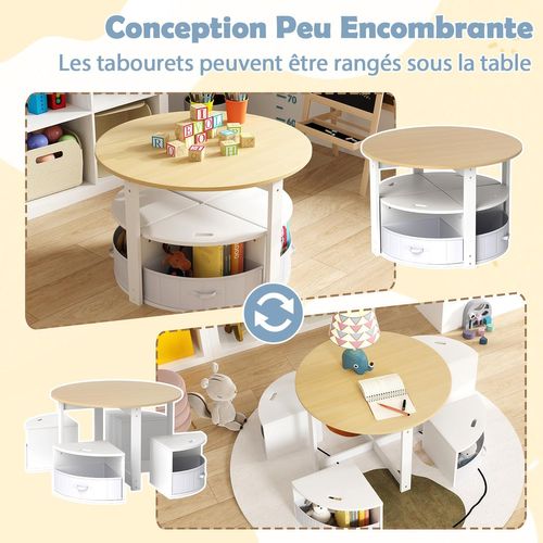 Table Enfant Avec 4 Chaises Empilables, Table De Dessin En Bois Avec 4 Tiroirs En Tissu (naturel)