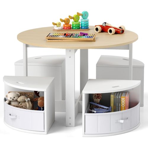 Table Enfant Avec 4 Chaises Empilables, Table De Dessin En Bois Avec 4 Tiroirs En Tissu (naturel)