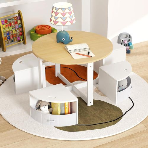 Table Enfant Avec 4 Chaises Empilables, Table De Dessin En Bois Avec 4 Tiroirs En Tissu (naturel)