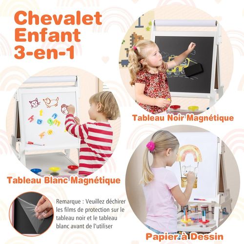 IDMARKET Tableau enfant 3 en 1 chevalet double face avec rouleau de IDMARKET Tableau enfant 3 en 1 chevalet double face avec rouleau de