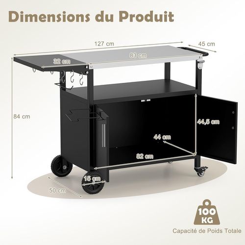 Chariot De Barbecue D'extérieur, Desserte De Jardin Avec Plateau Pliable Crochets (127 X 50 X 84 Cm)
