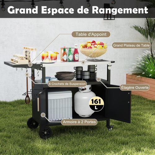 Chariot De Barbecue D'extérieur, Desserte De Jardin Avec Plateau Pliable Crochets (127 X 50 X 84 Cm)