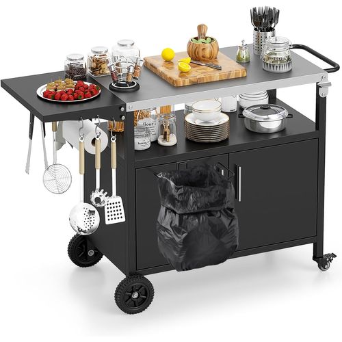 Chariot De Barbecue D'extérieur, Desserte De Jardin Avec Plateau Pliable Crochets (127 X 50 X 84 Cm)