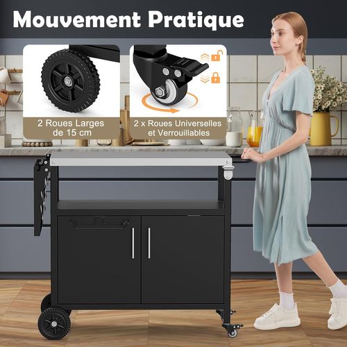 Chariot De Barbecue D'extérieur, Desserte De Jardin Avec Plateau Pliable Crochets (127 X 50 X 84 Cm)
