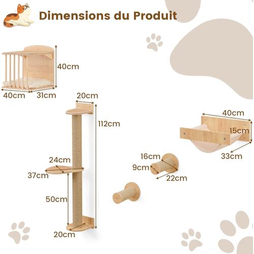 Arbre à Chat Mural, Poteaux à Griffer En Sisal, 2 Plateformes, 2 Échelle, Parcours Mural Chat