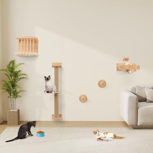 Arbre à Chat Mural, Poteaux à Griffer En Sisal, 2 Plateformes, 2 Échelle, Parcours Mural Chat