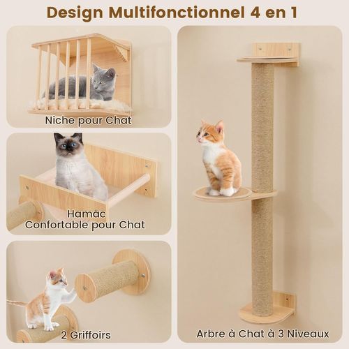 Arbre à Chat Mural, Poteaux à Griffer En Sisal, 2 Plateformes, 2 Échelle, Parcours Mural Chat
