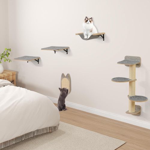 Arbre à Chat Mural, 5 Plateformes, Poteaux à Griffer Et Planche à Griffer En Sisal