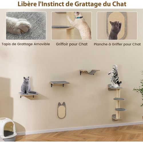 Arbre à Chat Mural, 5 Plateformes, Poteaux à Griffer Et Planche à Griffer En Sisal