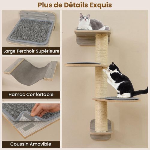 Arbre à Chat Mural, 5 Plateformes, Poteaux à Griffer Et Planche à Griffer En Sisal