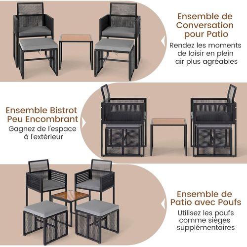 Ensemble De Meubles De Patio 5 Pièces, Osier Pe Avec 2 Chaises 2 Poufs Et 1 Table Basse