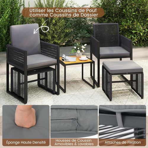 Ensemble De Meubles De Patio 5 Pièces, Osier Pe Avec 2 Chaises 2 Poufs Et 1 Table Basse