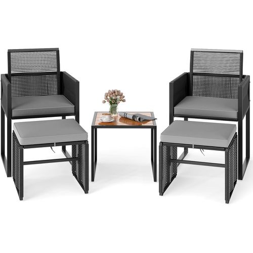 Ensemble De Meubles De Patio 5 Pièces, Osier Pe Avec 2 Chaises 2 Poufs Et 1 Table Basse