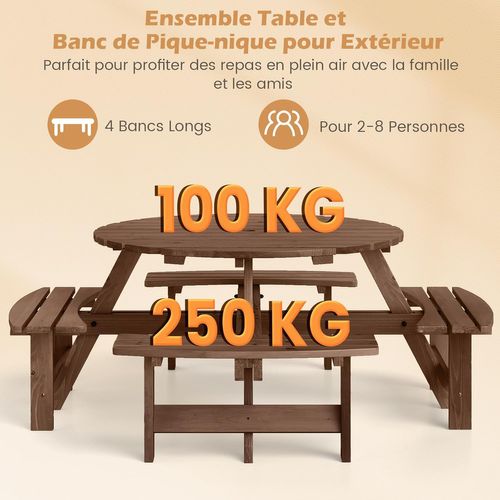 Ensemble Table De Pique-nique En Bois Pour 2 à 8 Personnes, Set Table (marron,179 X 179 X 70 Cm)