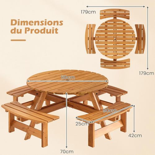 Ensemble Table De Pique-nique En Bois Pour 2 à 8 Personnes, Set Table (jaune,179 X 179 X 70 Cm)