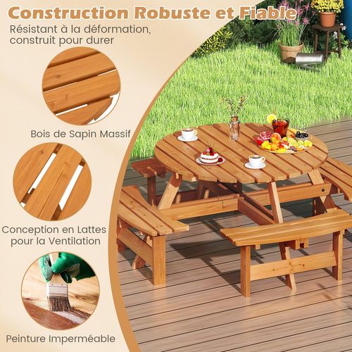 Ensemble Table De Pique-nique En Bois Pour 2 à 8 Personnes, Set Table (jaune,179 X 179 X 70 Cm)