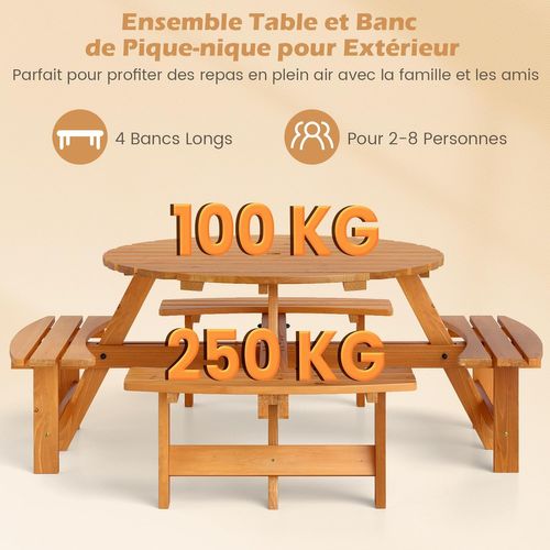 Ensemble Table De Pique-nique En Bois Pour 2 à 8 Personnes, Set Table (jaune,179 X 179 X 70 Cm)