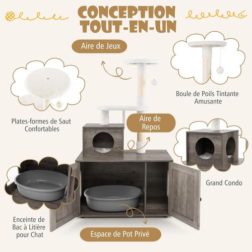Arbre à Chat Litiere Intégrée, Tour Pour Chats Avec Cache-litiere, 2 Plateformes (132 Cm,ivoire)
