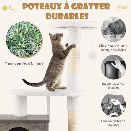 Arbre à Chat Litiere Intégrée, Tour Pour Chats Avec Cache-litiere, 2 Plateformes (132 Cm,ivoire)