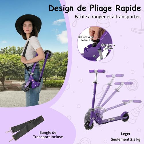 Trottinette Enfant Pliable Avec Roulement Abec-5 et3 Hauteurs Réglables,pour 3-8 Ans，violet