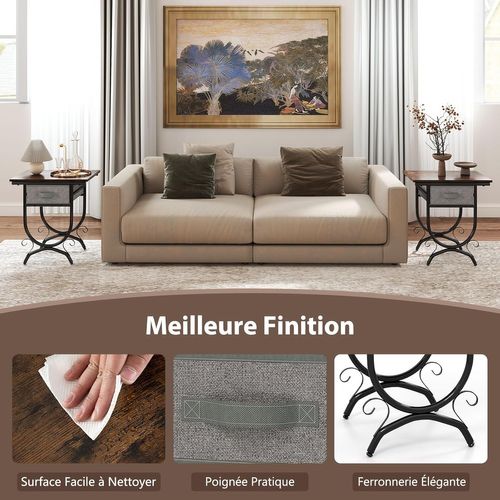 Table D'appoint Canapé Avec Tiroir En Tissu, Chevet De Lit 2 Niveaux, Plateau En Bois