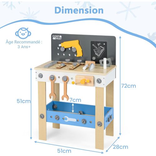 Jouets D'établi à Outils En Bois Enfant Avec 8 Outils et 28 Accessoires, Jouet Bricolage Enfants