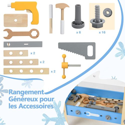 Jouets D'établi à Outils En Bois Enfant Avec 8 Outils et 28 Accessoires, Jouet Bricolage Enfants