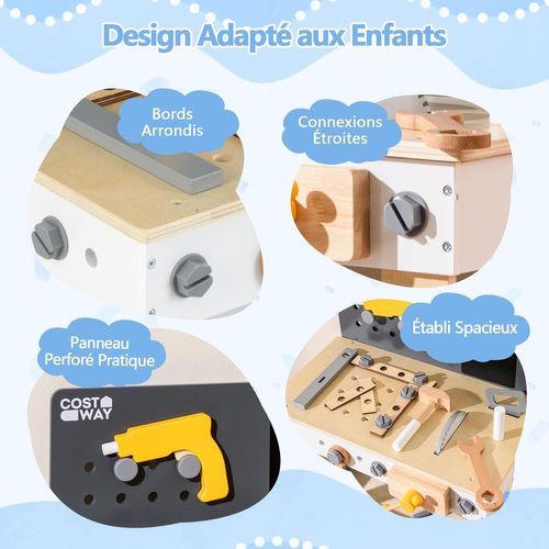 Jouets D'établi à Outils En Bois Enfant Avec 8 Outils et 28 Accessoires, Jouet Bricolage Enfants