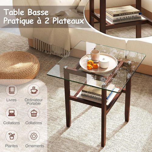 Table D’appoint En Bois Et Verre, Bout De Canapé Carrée, 61 X 61 Cm, Cadre En Bois D'hévéa