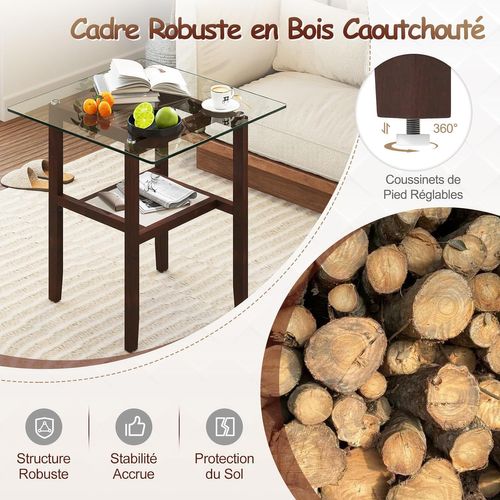 Table D’appoint En Bois Et Verre, Bout De Canapé Carrée, 61 X 61 Cm, Cadre En Bois D'hévéa