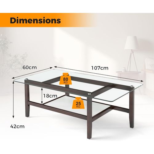 Table Basse Verre Trempé 2 Niveaux, Rectangulaire, Pieds En Bois D'hévéa, 107 X 60 X 42 Cm