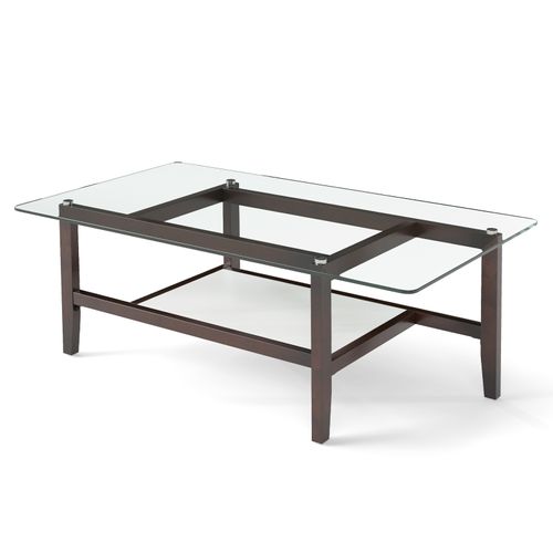 Table Basse Verre Trempé 2 Niveaux, Rectangulaire, Pieds En Bois D'hévéa, 107 X 60 X 42 Cm