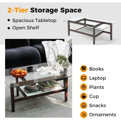 Table Basse Verre Trempé 2 Niveaux, Rectangulaire, Pieds En Bois D'hévéa, 107 X 60 X 42 Cm
