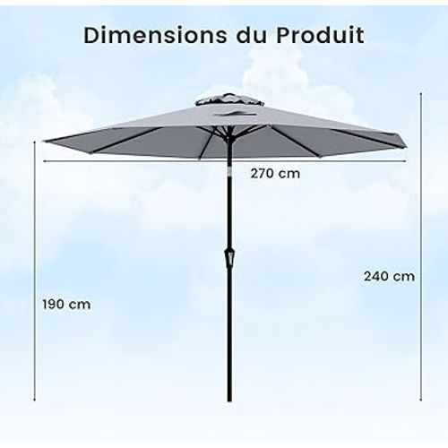 Parasol De Jardin, Parasol Inclinable 270 Cm, Protection Uv 50+, Avec Toile Polyester