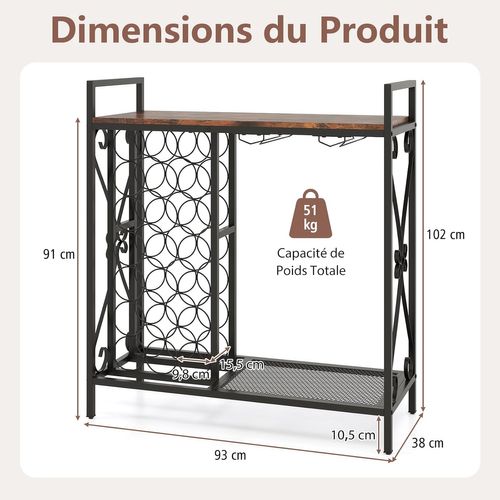 Casier à Vin Pour 21 Bouteilles Avec Support En Verre Et Plan De Travail En Bois, Cadre En Métal