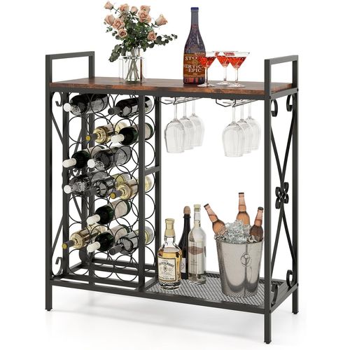 Casier à Vin Pour 21 Bouteilles Avec Support En Verre Et Plan De Travail En Bois, Cadre En Métal