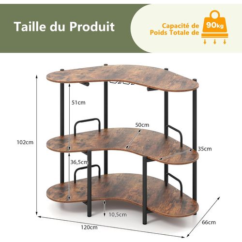 Table De Bar 3 Niveaux, Bar D'angle Avec 2 Supports à Verres à Pied, Mini Table Cuisine 4 Personnes