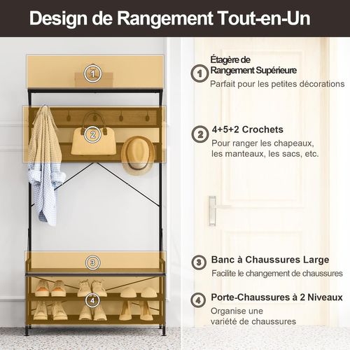 Grand Porte-manteau Avec Étagères, Meuble D'entrée, 102 X 40 X 184 Cm (gris Chêne)