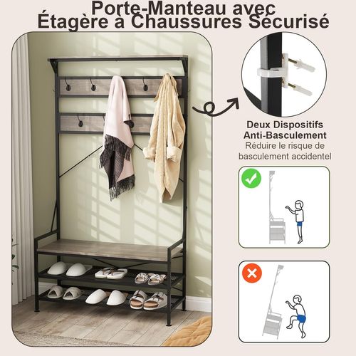 Grand Porte-manteau Avec Étagères, Meuble D'entrée, 102 X 40 X 184 Cm (gris Chêne)
