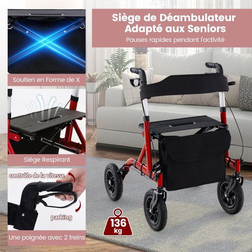Déambulateur Tout Terrain De 24 Cm Réglables En Hauteur 81-93,5 Cm, Rollator Pliable (rouge)