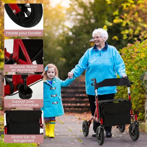 Déambulateur Tout Terrain De 24 Cm Réglables En Hauteur 81-93,5 Cm, Rollator Pliable (rouge)