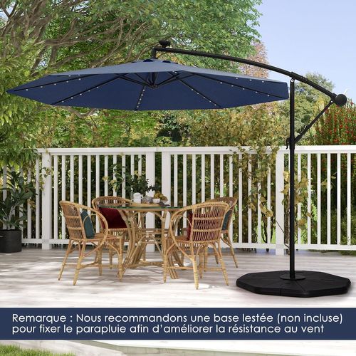 Parasol Déporté 3m Hexagonale, Avec 40 LED Solaire, Inclinable, 8 Baleines En Métal ((bleu Marine)