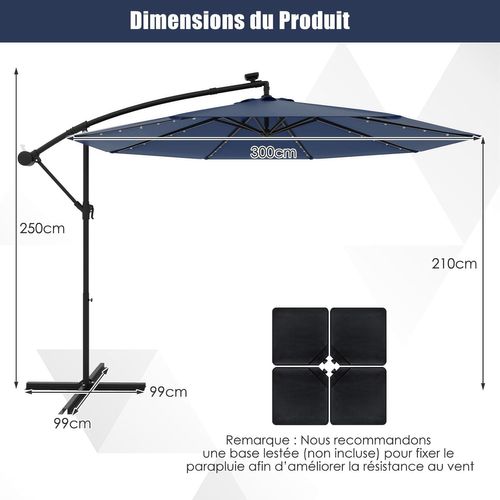 Parasol Déporté 3m Hexagonale, Avec 40 LED Solaire, Inclinable, 8 Baleines En Métal ((bleu Marine)