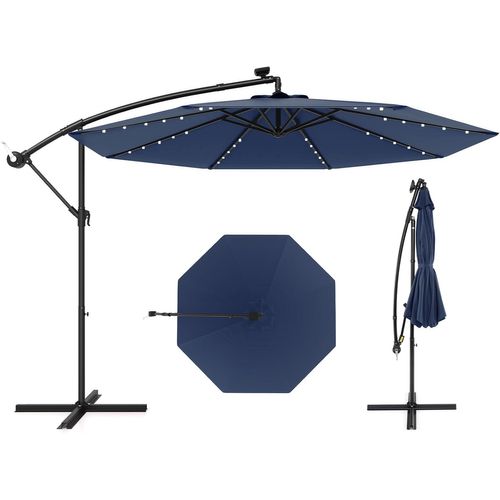 Parasol Déporté 3m Hexagonale, Avec 40 LED Solaire, Inclinable, 8 Baleines En Métal ((bleu Marine)
