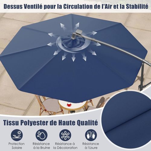 Parasol Déporté 3m Hexagonale, Avec 40 LED Solaire, Inclinable, 8 Baleines En Métal ((bleu Marine)
