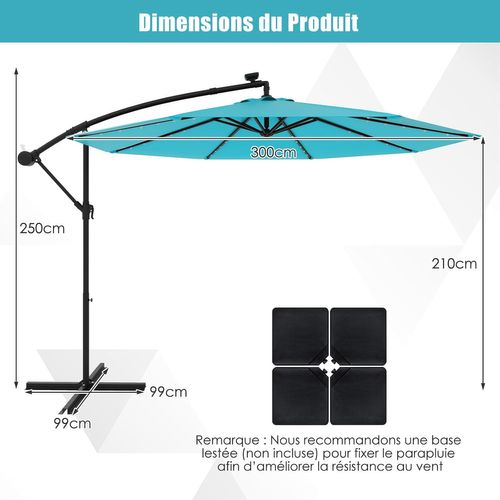 Parasol Déporté 3m Hexagonale, Avec 40 LED Solaire, Inclinable, 8 Baleines En Métal (turquoise)
